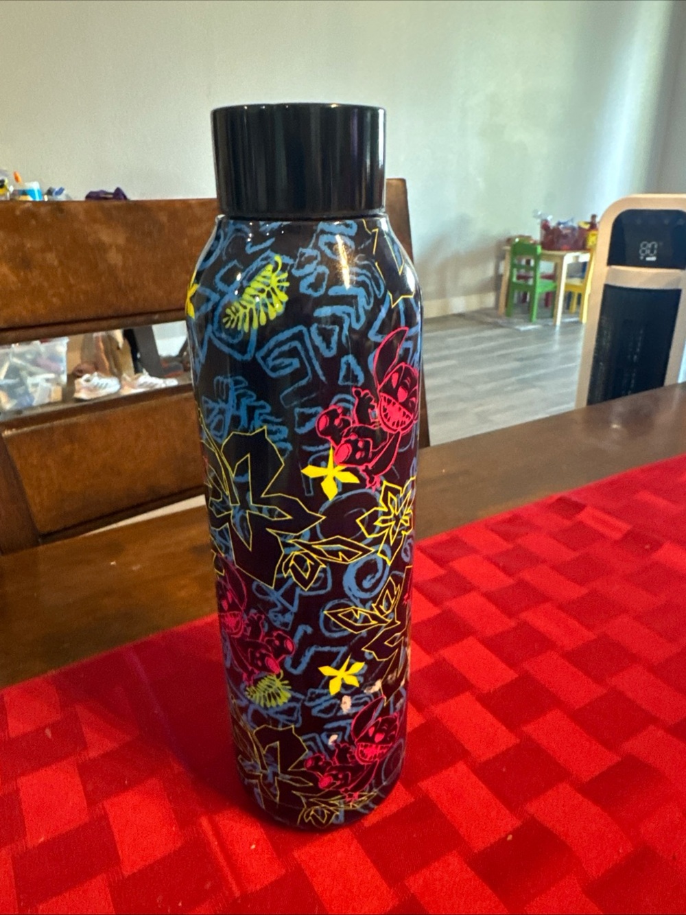Insulated stitch Disney Pattern Water Bottle - Black with Multicolor Flowers